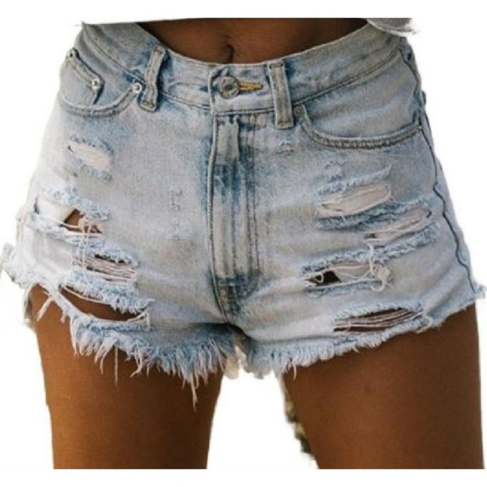 Womens Vintage Denim Shorts High Waist Ripped Frin